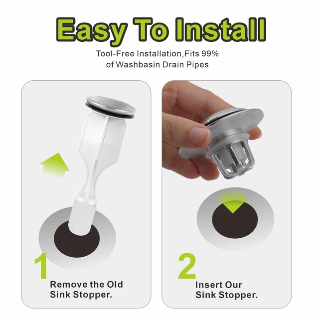 Alt view image 4 of 7 - Pop Up Bathroom Sink Drain Stopper Hair Catcher - Chrome 2 Pack | Polished replacement basket Strainer 1 1/8"-1 1/2" drain Hole Brass push button Easy install no tools Universal 2-in-1.