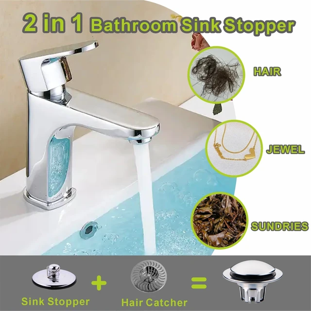 Alt view image 5 of 7 - Pop Up Bathroom Sink Drain Stopper Hair Catcher - Chrome 2 Pack | Polished replacement basket Strainer 1 1/8"-1 1/2" drain Hole Brass push button Easy install no tools Universal 2-in-1.