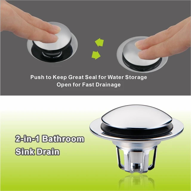 Alt view image 6 of 7 - Pop Up Bathroom Sink Drain Stopper Hair Catcher - Chrome 2 Pack | Polished replacement basket Strainer 1 1/8"-1 1/2" drain Hole Brass push button Easy install no tools Universal 2-in-1.
