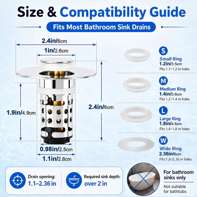 Alt view image 2 of 7 - 3in1 Bathroom Sink Stopper, Stainless Steel Bathroom Sink Drain Strainer | Detachable Universal Bathroom Sink Stopper Pop Up Stopper for 1.12.36 In Drain Hole, Includes 4 Sealing Gaskets