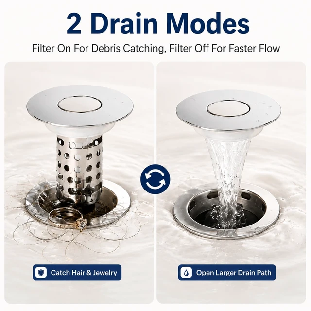 Alt view image 4 of 7 - 3in1 Bathroom Sink Stopper, Stainless Steel Bathroom Sink Drain Strainer | Detachable Universal Bathroom Sink Stopper Pop Up Stopper for 1.12.36 In Drain Hole, Includes 4 Sealing Gaskets