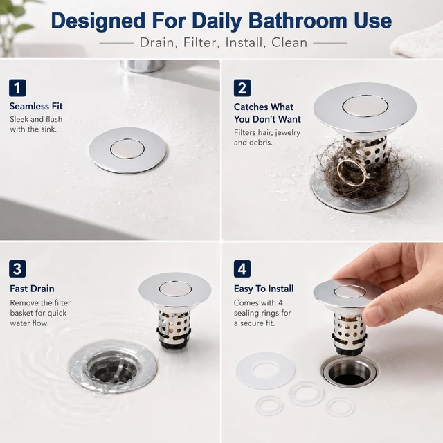 Alt view image 5 of 7 - 3in1 Bathroom Sink Stopper, Stainless Steel Bathroom Sink Drain Strainer | Detachable Universal Bathroom Sink Stopper Pop Up Stopper for 1.12.36 In Drain Hole, Includes 4 Sealing Gaskets