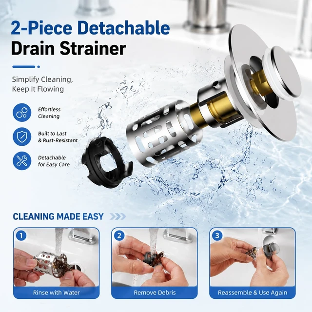 Alt view image 6 of 7 - 3in1 Bathroom Sink Stopper, Stainless Steel Bathroom Sink Drain Strainer | Detachable Universal Bathroom Sink Stopper Pop Up Stopper for 1.12.36 In Drain Hole, Includes 4 Sealing Gaskets