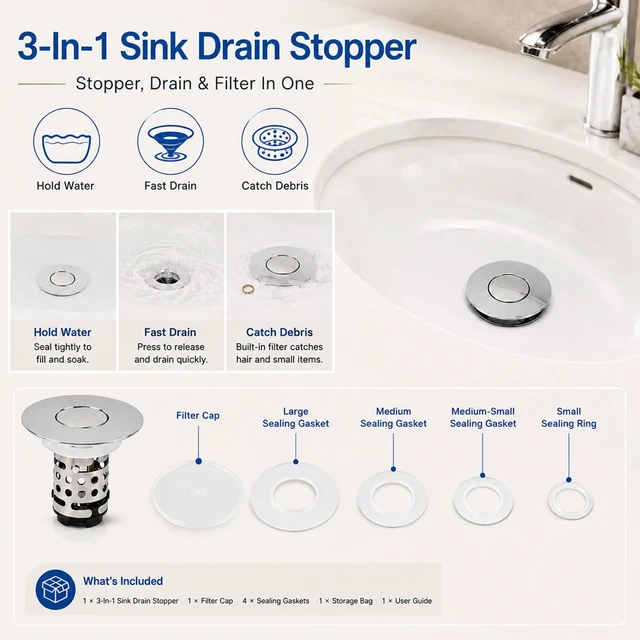 Alt view image 7 of 7 - 3in1 Bathroom Sink Stopper, Stainless Steel Bathroom Sink Drain Strainer | Detachable Universal Bathroom Sink Stopper Pop Up Stopper for 1.12.36 In Drain Hole, Includes 4 Sealing Gaskets