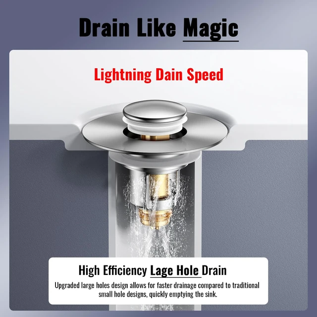 Alt view image 2 of 7 - 1s Installation - All Metal Bathroom Sink Stopper Fit 99% - 3 in 1 Universal Pop Up Stopper with Removable Stainless Steel Filter Basket Hair Catcher - Sink Stopper (Fast Drain Chrome)