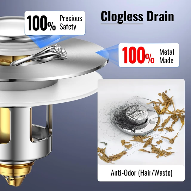Alt view image 4 of 7 - 1s Installation - All Metal Bathroom Sink Stopper Fit 99% - 3 in 1 Universal Pop Up Stopper with Removable Stainless Steel Filter Basket Hair Catcher - Sink Stopper (Fast Drain Chrome)