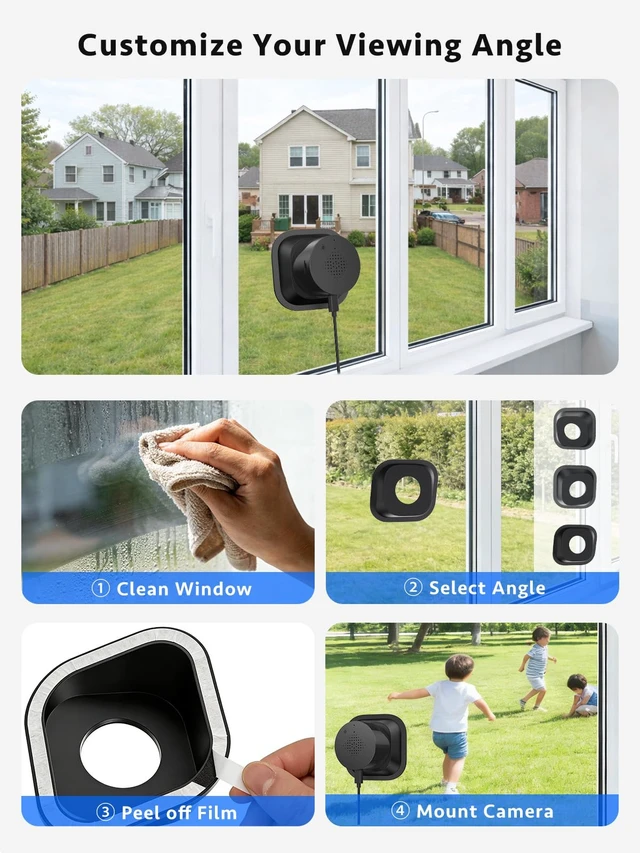 Alt view image 2 of 7 - 2 Pack 2K Window Security Camera, No-Drill 18° Tilt Mount | Dual-Band 2.4GHz & 5GHz WiFi, Indoor Camera for Outdoor Monitoring, Color Night Vision, AI Human Detection