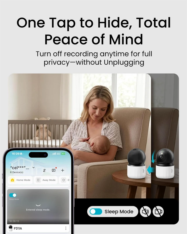 Alt view image 7 of 7 - 2K Indoor Secuirty Camera, 360° View Baby Monitor, Pet/Dog Camera | No Subscription, Human/Pet/Crying Detection, Auto-Tracking, Night Vision, 2-Way Audio, Local Storage, Work with Alexa/Google