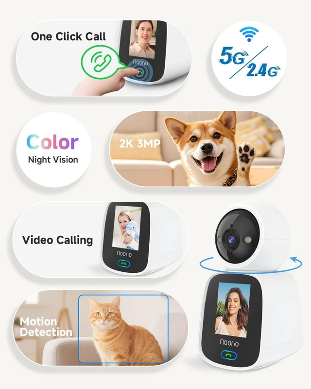 Alt view image 2 of 7 - 2K Indoor Camera with Two-Way Video Calling,360° PTZ Pet Camera | One-touch calls,Baby Monitor, 2.4 inch screen, 2.4G & 5G WiFi, color night vision, Alexa compatibility, app control