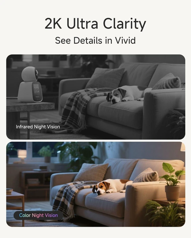 Alt view image 6 of 7 - 2K Indoor Camera with Two-Way Video Calling,360° PTZ Pet Camera | One-touch calls,Baby Monitor, 2.4 inch screen, 2.4G & 5G WiFi, color night vision, Alexa compatibility, app control