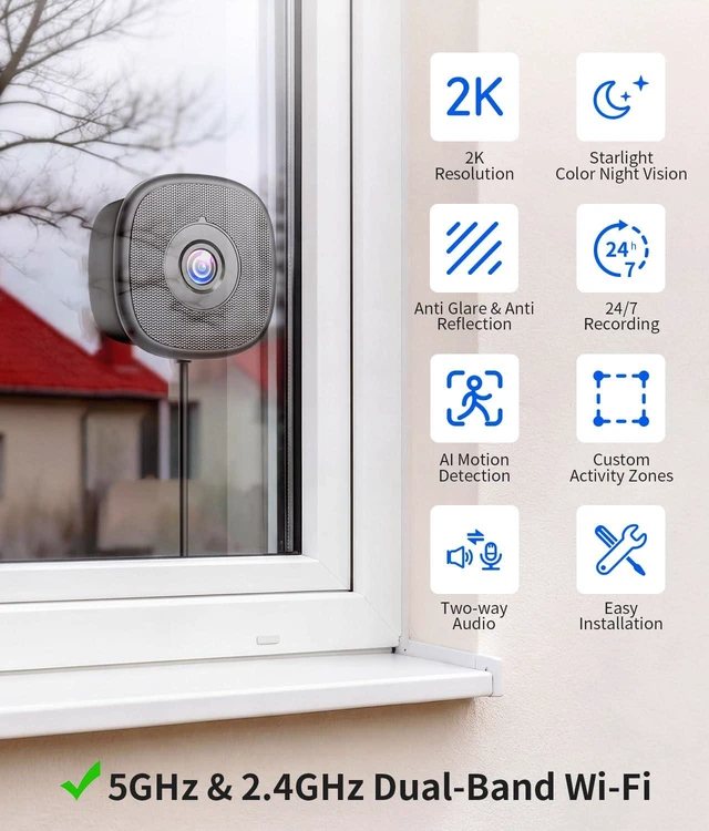 Alt view image 2 of 7 - 2K No Drill Window Camera, Indoor Cameras for Home Security, 2 Pack | 2.4 & 5GHz WiFi, Anti-glare, Starlight Color Night Vision, AI Motion Alerts, Easy & Quick Install, 24/7 Recording, Alexa