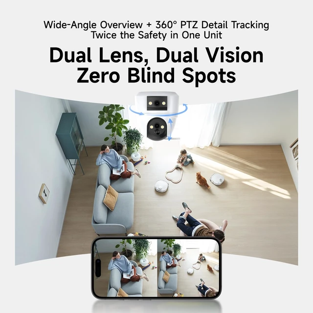 Alt view image 2 of 7 - 2K Dual Lens Security Camera Indoor, Free Cloud & SD Storage, No-Drill Ceiling Mount, 360° PTZ & Wide Angle, WiFi 6 2.4/5G, Color Night Vision, Motion Alerts, 6-Month Battery, 2-Way Talk