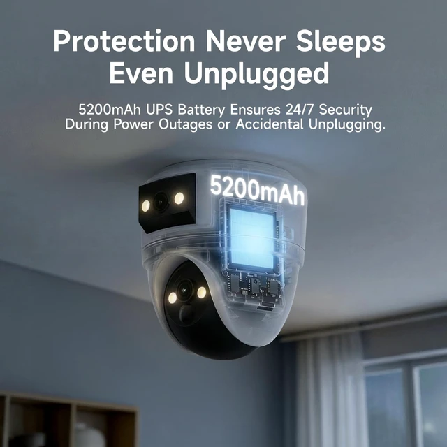 Alt view image 4 of 7 - 2K Dual Lens Security Camera Indoor, Free Cloud & SD Storage, No-Drill Ceiling Mount, 360° PTZ & Wide Angle, WiFi 6 2.4/5G, Color Night Vision, Motion Alerts, 6-Month Battery, 2-Way Talk
