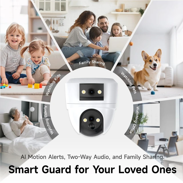 Alt view image 6 of 7 - 2K Dual Lens Security Camera Indoor, Free Cloud & SD Storage, No-Drill Ceiling Mount, 360° PTZ & Wide Angle, WiFi 6 2.4/5G, Color Night Vision, Motion Alerts, 6-Month Battery, 2-Way Talk