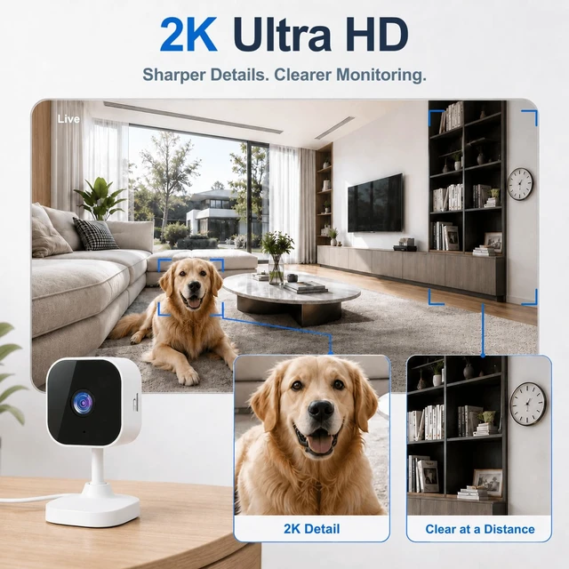 Alt view image 3 of 7 - 2.4GHz/5GHz WiFi Indoor Camera 2K Cameras for Home Security 2-Pack | AI Motion Detect Two-Way Audio 49ft IR Night Vision 24/7 Recording 3-Min Quick Setup SD/Cloud Storage Pet Camera