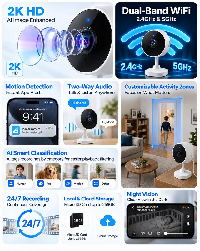 Alt view image 2 of 7 - 5G&2.4GHz Indoor Security Camera, 2K, Free Cloud, 24/7 TF Recording, Wired | Works with Alexa&Google Home, AI Motion Detect, Cameras for Home Security, Dog, Cat, Elder, Nanny, Baby Monitor, Pet Camera