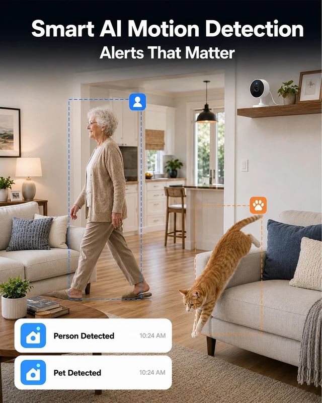 Alt view image 4 of 7 - 5G&2.4GHz Indoor Security Camera, 2K, Free Cloud, 24/7 TF Recording, Wired | Works with Alexa&Google Home, AI Motion Detect, Cameras for Home Security, Dog, Cat, Elder, Nanny, Baby Monitor, Pet Camera