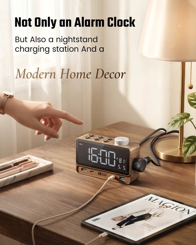 Alt view image 2 of 7 - Alarm Clock with PD 20W, 4 USB Ports, Power Strip 2AC Outlets | Digital Alarm clocks for Bedrooms, Nightstand Clock with Charger Station, Dimmable Full Screen LED Display, Modern Home Decor