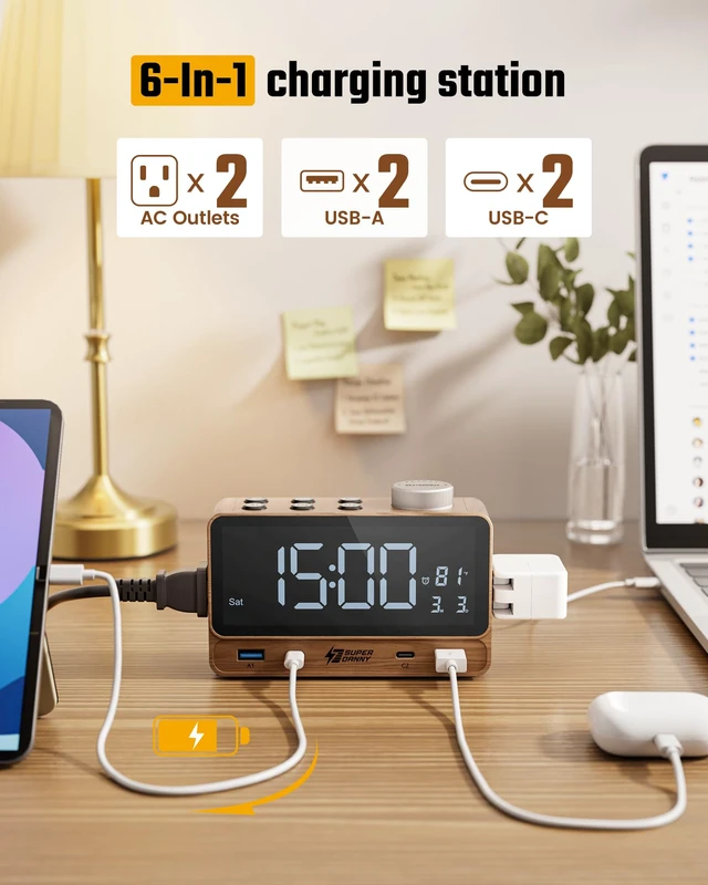 Alt view image 3 of 7 - Alarm Clock with PD 20W, 4 USB Ports, Power Strip 2AC Outlets | Digital Alarm clocks for Bedrooms, Nightstand Clock with Charger Station, Dimmable Full Screen LED Display, Modern Home Decor