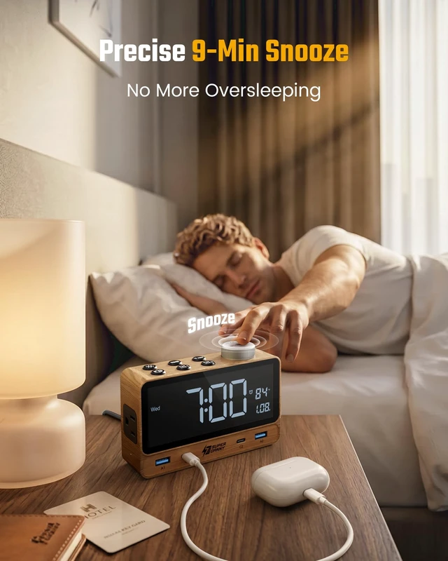 Alt view image 5 of 7 - Alarm Clock with PD 20W, 4 USB Ports, Power Strip 2AC Outlets | Digital Alarm clocks for Bedrooms, Nightstand Clock with Charger Station, Dimmable Full Screen LED Display, Modern Home Decor