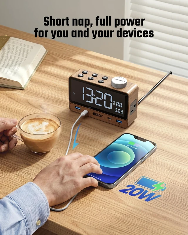Alt view image 6 of 7 - Alarm Clock with PD 20W, 4 USB Ports, Power Strip 2AC Outlets | Digital Alarm clocks for Bedrooms, Nightstand Clock with Charger Station, Dimmable Full Screen LED Display, Modern Home Decor