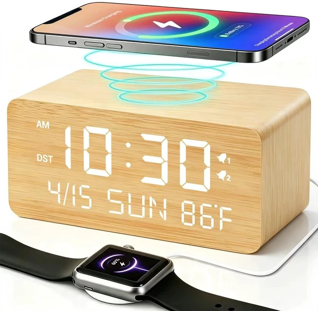 Main image of Premium Bamboo Wooden Digital Alarm Clock with Wireless Phone Charger, Dual USB Charging Ports, Dimmable LED Display, Date & Day of Week, Small Digital Desk Clock for Bedroom Nightstand Bedside Table
