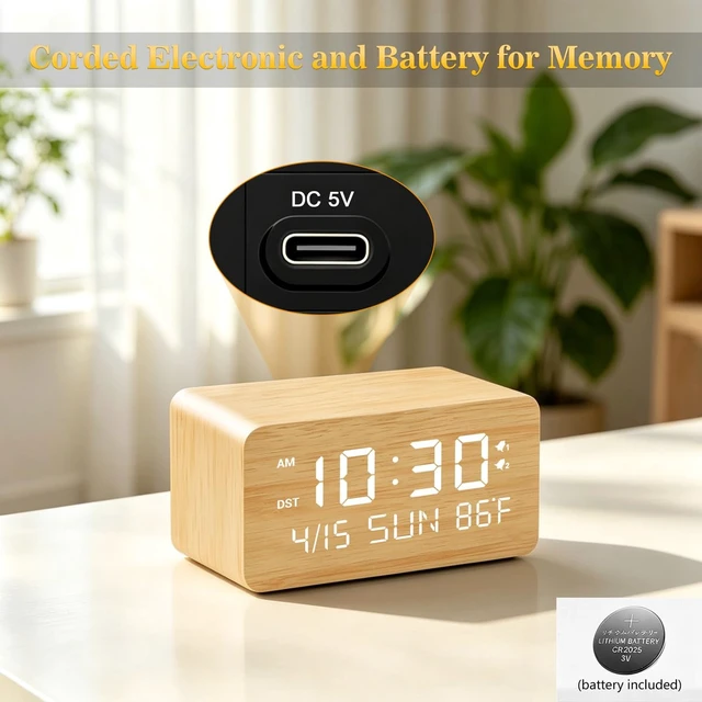 Alt view image 2 of 7 - Premium Bamboo Wooden Digital Alarm Clock with Wireless Phone Charger, Dual USB Charging Ports, Dimmable LED Display, Date & Day of Week, Small Digital Desk Clock for Bedroom Nightstand Bedside Table