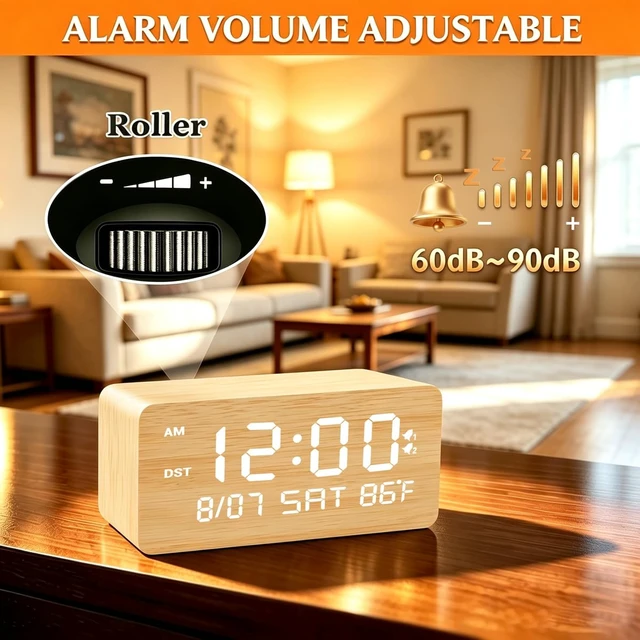 Alt view image 6 of 7 - Premium Bamboo Wooden Digital Alarm Clock with Wireless Phone Charger, Dual USB Charging Ports, Dimmable LED Display, Date & Day of Week, Small Digital Desk Clock for Bedroom Nightstand Bedside Table