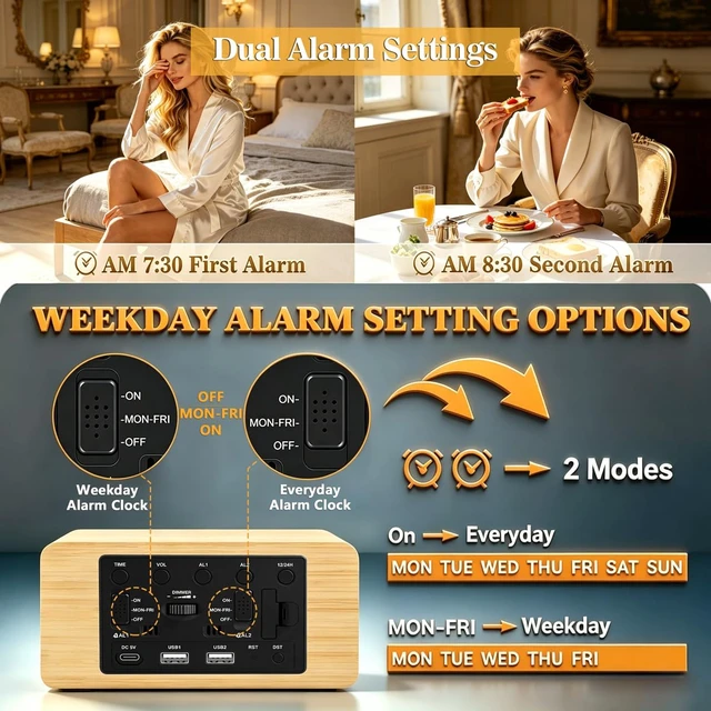 Alt view image 7 of 7 - Premium Bamboo Wooden Digital Alarm Clock with Wireless Phone Charger, Dual USB Charging Ports, Dimmable LED Display, Date & Day of Week, Small Digital Desk Clock for Bedroom Nightstand Bedside Table