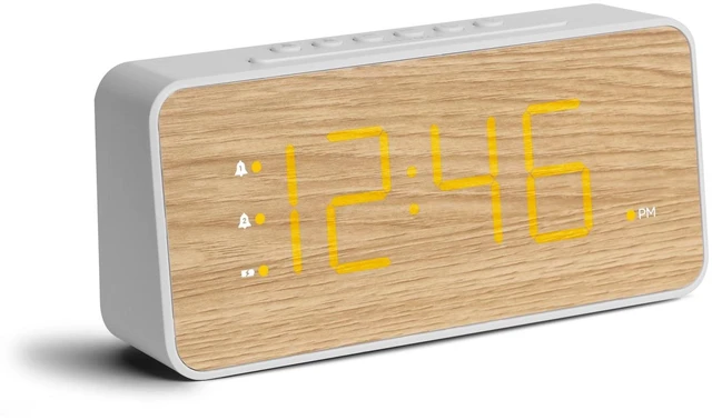 Main image of Wooden Digital Alarm Clock for Bedroom, Large Display, 100dB Alarm | Wood grain bedside clock, 1.8 in display, dual alarm, USB-C/USB-A charging, dimmable display, battery backup, easy setup