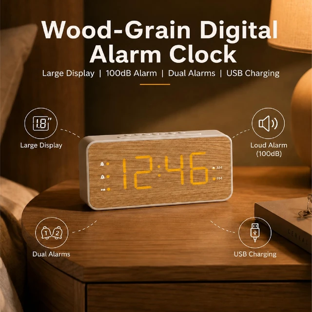 Alt view image 2 of 7 - Wooden Digital Alarm Clock for Bedroom, Large Display, 100dB Alarm | Wood grain bedside clock, 1.8 in display, dual alarm, USB-C/USB-A charging, dimmable display, battery backup, easy setup