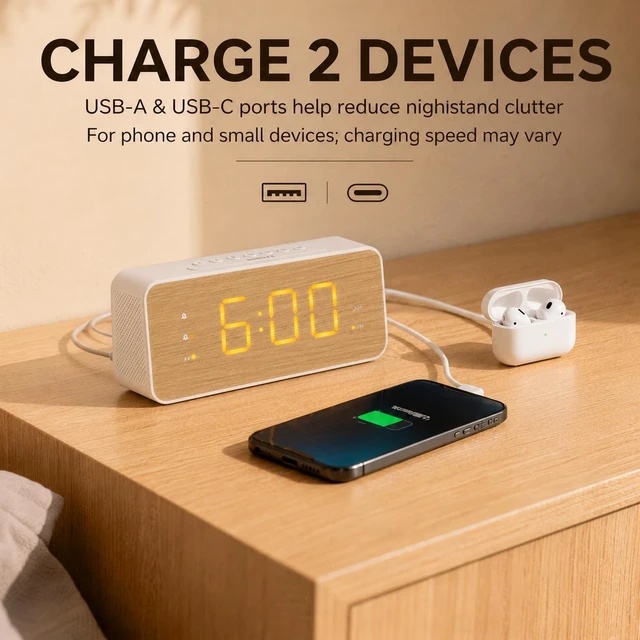 Alt view image 4 of 7 - Wooden Digital Alarm Clock for Bedroom, Large Display, 100dB Alarm | Wood grain bedside clock, 1.8 in display, dual alarm, USB-C/USB-A charging, dimmable display, battery backup, easy setup