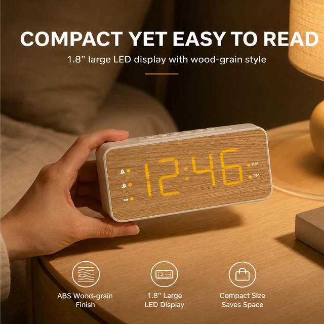 Alt view image 3 of 7 - Wooden Digital Alarm Clock for Bedroom, Large Display, 100dB Alarm | Wood grain bedside clock, 1.8 in display, dual alarm, USB-C/USB-A charging, dimmable display, battery backup, easy setup