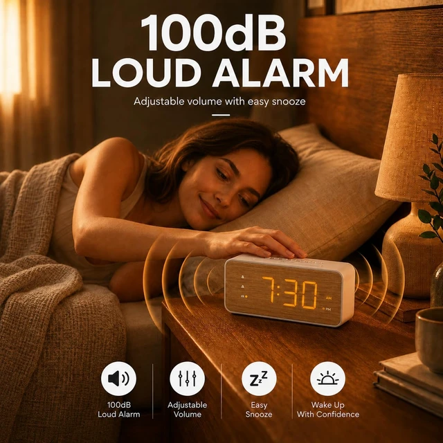 Alt view image 6 of 7 - Wooden Digital Alarm Clock for Bedroom, Large Display, 100dB Alarm | Wood grain bedside clock, 1.8 in display, dual alarm, USB-C/USB-A charging, dimmable display, battery backup, easy setup