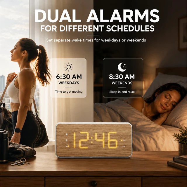 Alt view image 7 of 7 - Wooden Digital Alarm Clock for Bedroom, Large Display, 100dB Alarm | Wood grain bedside clock, 1.8 in display, dual alarm, USB-C/USB-A charging, dimmable display, battery backup, easy setup