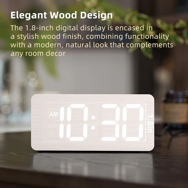 Alt view image 2 of 7 - Wooden Digital Alarm Clocks for Bedrooms with 0-100% Dimmable Display | Desk Clock with Large Numbers for Living Room - Loud Dual Alarm for Heavy Sleepers with Volume Control - Wood Decor & Gifts