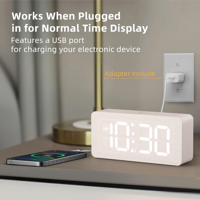 Alt view image 3 of 7 - Wooden Digital Alarm Clocks for Bedrooms with 0-100% Dimmable Display | Desk Clock with Large Numbers for Living Room - Loud Dual Alarm for Heavy Sleepers with Volume Control - Wood Decor & Gifts