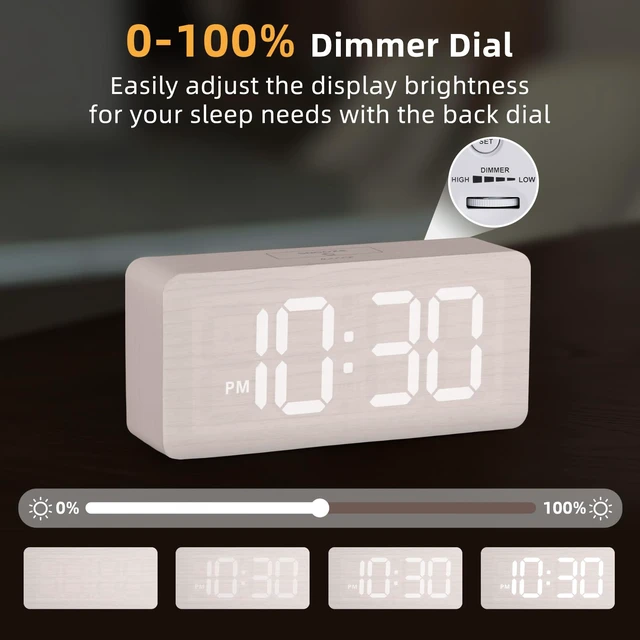Alt view image 4 of 7 - Wooden Digital Alarm Clocks for Bedrooms with 0-100% Dimmable Display | Desk Clock with Large Numbers for Living Room - Loud Dual Alarm for Heavy Sleepers with Volume Control - Wood Decor & Gifts