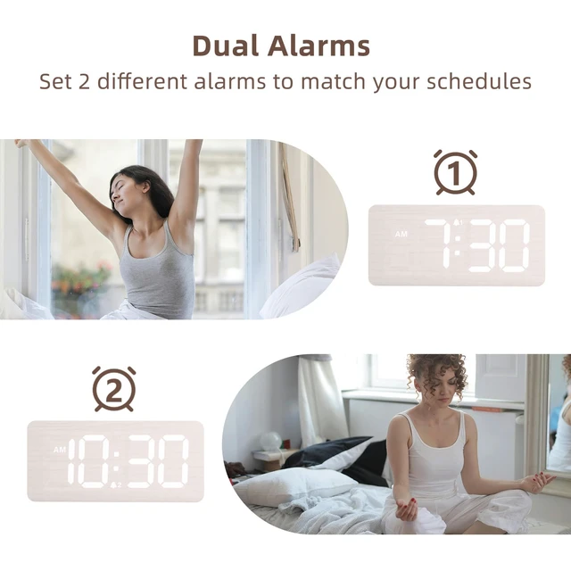 Alt view image 5 of 7 - Wooden Digital Alarm Clocks for Bedrooms with 0-100% Dimmable Display | Desk Clock with Large Numbers for Living Room - Loud Dual Alarm for Heavy Sleepers with Volume Control - Wood Decor & Gifts
