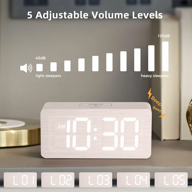 Alt view image 6 of 7 - Wooden Digital Alarm Clocks for Bedrooms with 0-100% Dimmable Display | Desk Clock with Large Numbers for Living Room - Loud Dual Alarm for Heavy Sleepers with Volume Control - Wood Decor & Gifts