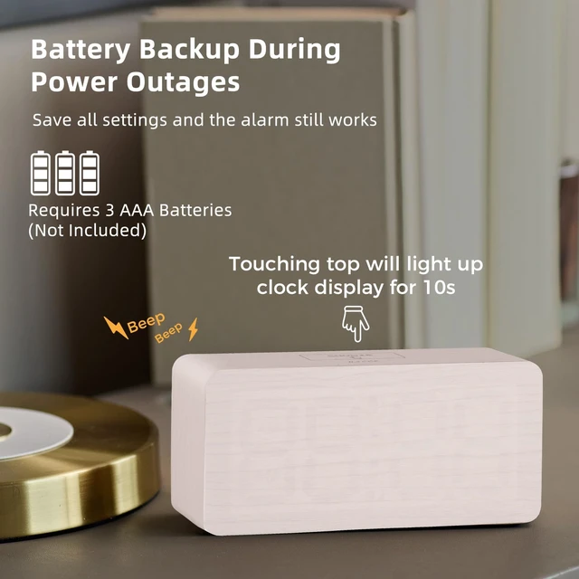 Alt view image 7 of 7 - Wooden Digital Alarm Clocks for Bedrooms with 0-100% Dimmable Display | Desk Clock with Large Numbers for Living Room - Loud Dual Alarm for Heavy Sleepers with Volume Control - Wood Decor & Gifts