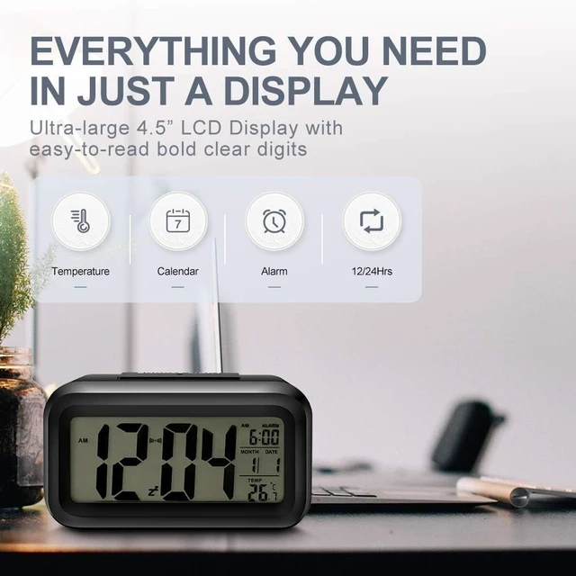Alt view image 5 of 5 - Small Digital Alarm Clock for Bedroom, Livingroom with Large Number, Table Clock for Study Room with Day, Date and Temperature, Loud Alarm Speaker with 3 Alarm Mode with Night Light (Black)