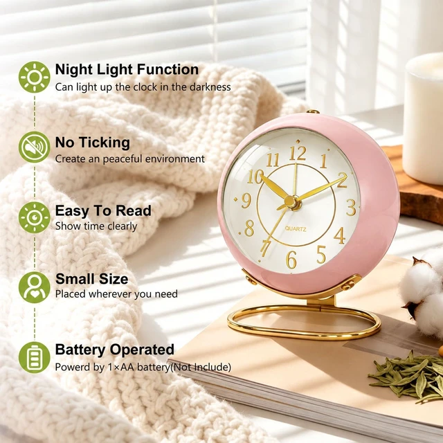 Alt view image 2 of 7 - Analog Alarm Clock, Small Retro Desk Clock with Night Light, Backlight Cute Simple Design, Silent Non-Ticking, Battery Powered, for Bedroom,Travel,Kitchen,Bedside Desktop Decor