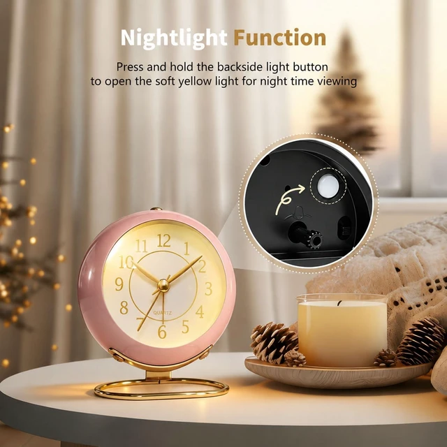 Alt view image 5 of 7 - Analog Alarm Clock, Small Retro Desk Clock with Night Light, Backlight Cute Simple Design, Silent Non-Ticking, Battery Powered, for Bedroom,Travel,Kitchen,Bedside Desktop Decor