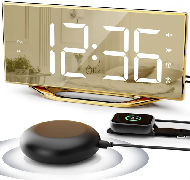 Main image of Loud Alarm Clock for Heavy Sleeper, 2 Alarms Big Display Clock with Bed Shaker for Hard of Hearing Deaf,Plug in Bedroom Mirror Clock,Phone Charger,Dimmer,Simple Digital Clock for Senior Adult Teen Kid