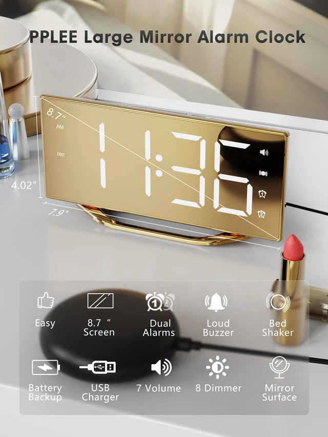 Alt view image 2 of 7 - Loud Alarm Clock for Heavy Sleeper, 2 Alarms Big Display Clock with Bed Shaker for Hard of Hearing Deaf,Plug in Bedroom Mirror Clock,Phone Charger,Dimmer,Simple Digital Clock for Senior Adult Teen Kid