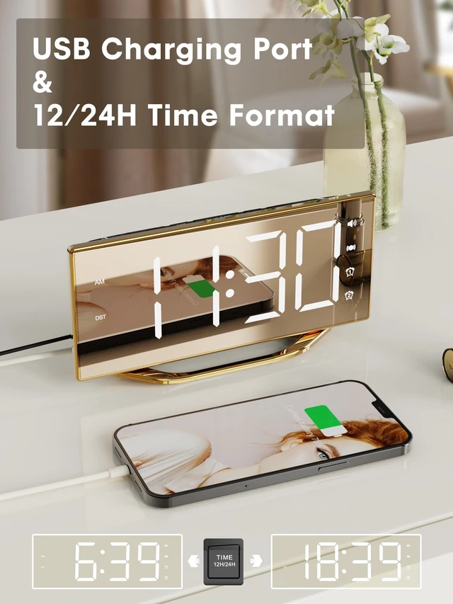 Alt view image 6 of 7 - Loud Alarm Clock for Heavy Sleeper, 2 Alarms Big Display Clock with Bed Shaker for Hard of Hearing Deaf,Plug in Bedroom Mirror Clock,Phone Charger,Dimmer,Simple Digital Clock for Senior Adult Teen Kid