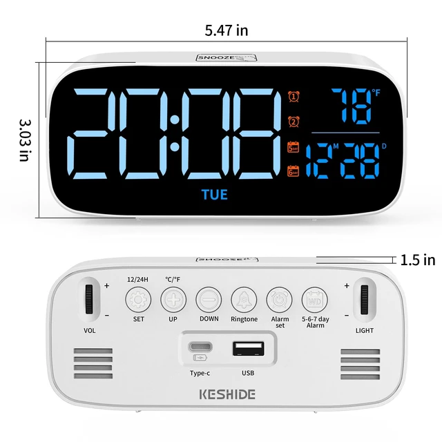 Alt view image 2 of 7 - Digital Alarm Clock for Bedroom,USB-Powered,White | Dimmer,Temperature,Calendar,13 Sounds Adjustable Volume, Weekday/Weekend Mode, Snooze, 12/24H Display,Easy to set up