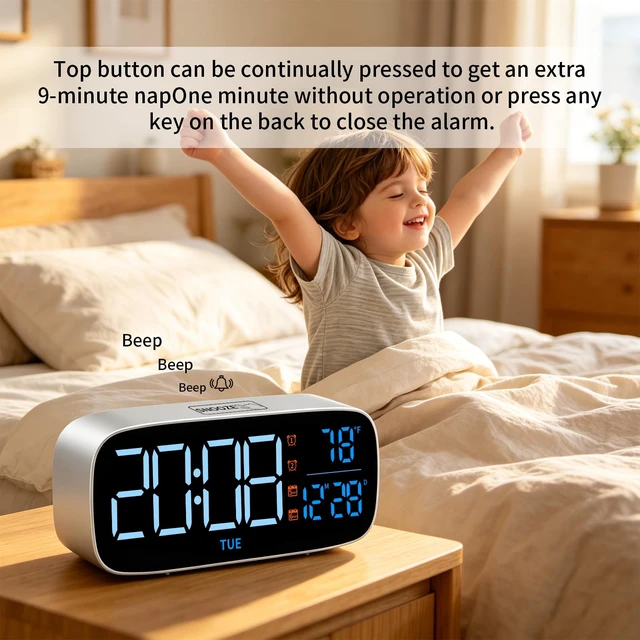 Alt view image 3 of 7 - Digital Alarm Clock for Bedroom,USB-Powered,White | Dimmer,Temperature,Calendar,13 Sounds Adjustable Volume, Weekday/Weekend Mode, Snooze, 12/24H Display,Easy to set up