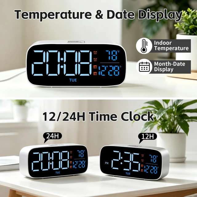 Alt view image 4 of 7 - Digital Alarm Clock for Bedroom,USB-Powered,White | Dimmer,Temperature,Calendar,13 Sounds Adjustable Volume, Weekday/Weekend Mode, Snooze, 12/24H Display,Easy to set up